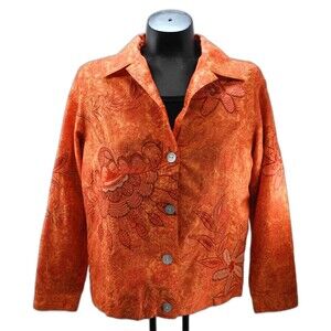Laura Ashley Silk Orange Floral Embroidery Button-Front Lined Top - Women's S